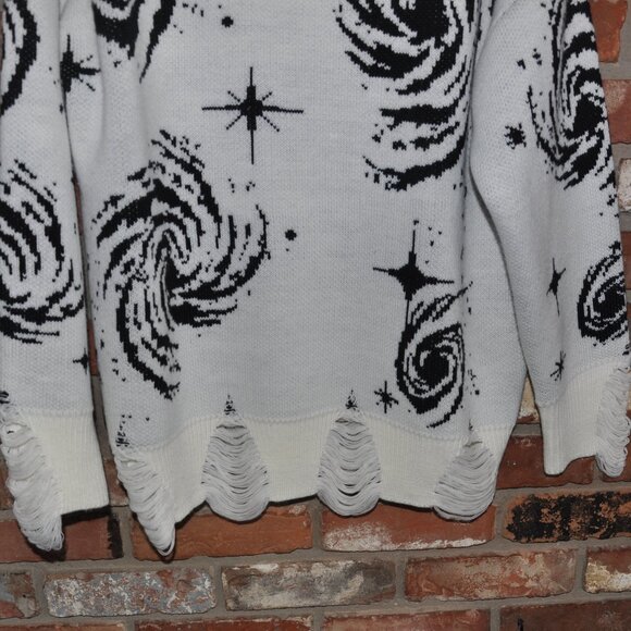 Aelfric Eden Starry Night Jacquard Knit Sweater White Black Distressed Unisex XL - Picture 2 of 5